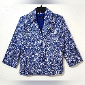 Rafaella Women's Blue White Swirl Pattern 3/4 Sleeve Jacket Size M
